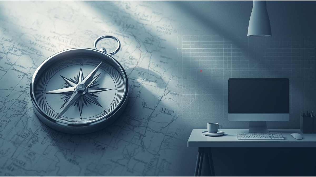 Compass and desk representing calm direction